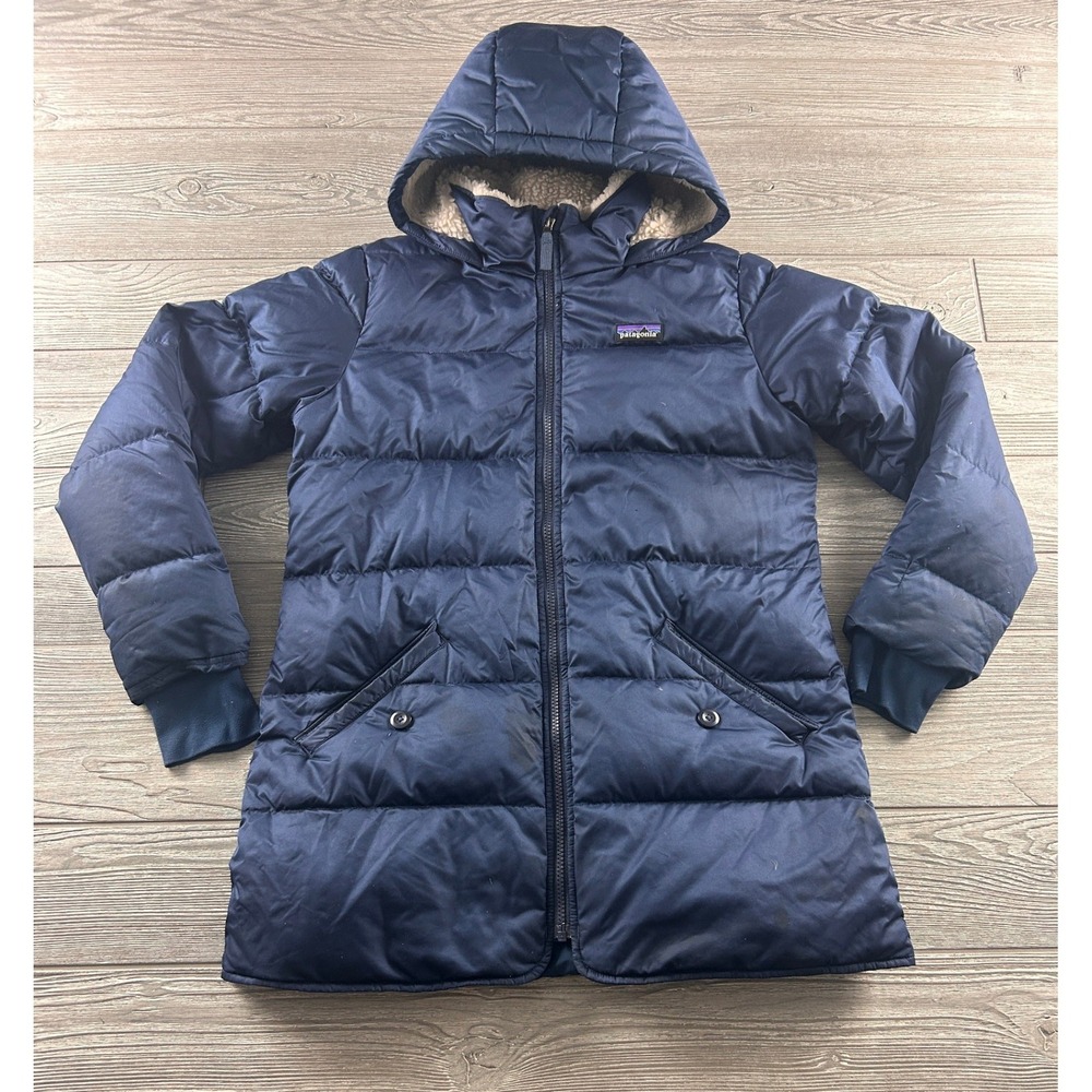 Patagonia Girls XL 14 Down Parka Navy Blue Sherpa Lined Hood Puffer Coat Jacket